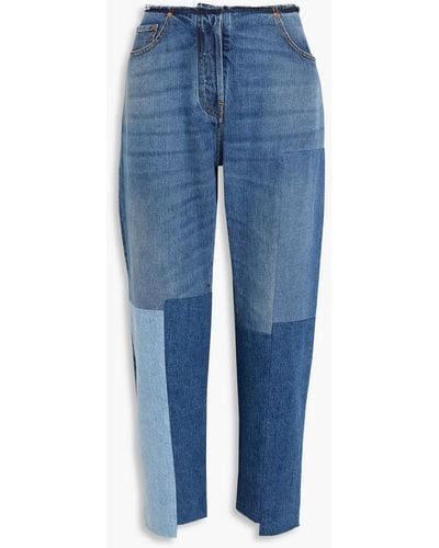 Valentino Garavani Frayed Patchwork-effect High-rise Tapered Jeans - Blue
