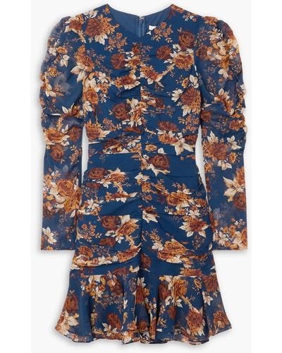 Veronica Beard Hedera Ruched Floral-print Silk-chiffon Mini Dress - Blue