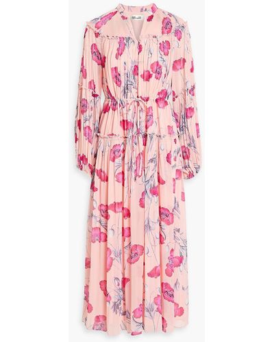 Diane von Furstenberg Link Tiered Floral-print Plissé-chiffon Midi Dress - Pink