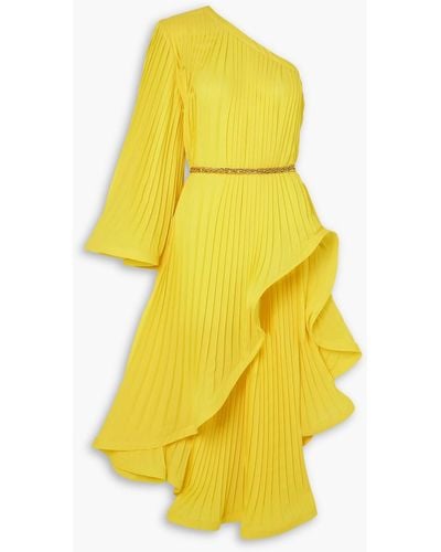 ROWEN ROSE One-shoulder Belted Pleated Georgette Midi Dress - Yellow