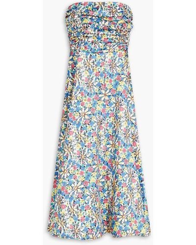 HVN Karla Strapless Ruched Floral-print Satin-crepe Midi Dress - Blue