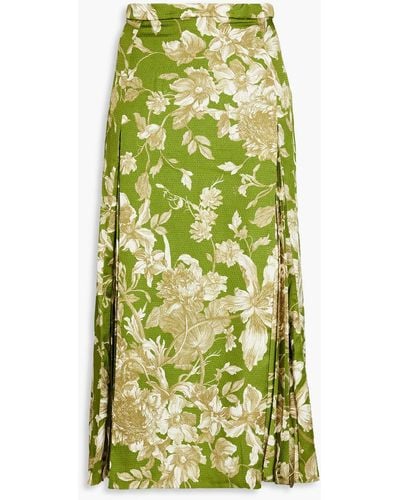 Erdem Pleated Floral-print Hammered-satin Midi Skirt - Green