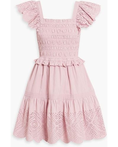 Sea Vivienne Ruffled Shirred Broderie Anglaise Cotton Mini Dress - Pink