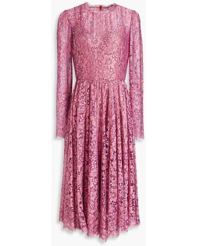 Dolce & Gabbana Gathered Metallic Leavers Lace Midi Dress - Pink