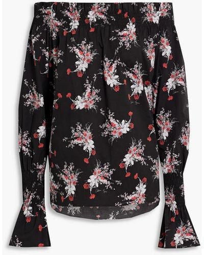 Adam Lippes Off-the-shoulder Shirred Floral-print Cotton-blend Poplin Top - Black