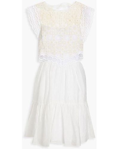 Sandro Isee Crochet-paneled Linen-blend Gauze Mini Dress - White