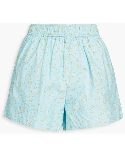 Ganni Shorts aus baumwollpopeline mit floralem print - Blau