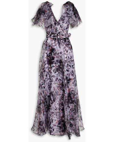 Badgley Mischka Wrap-effect Floral-print Organza Gown - Purple