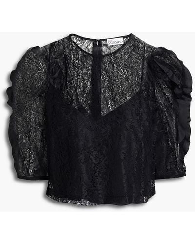RED Valentino Cropped Ruffled Corded Lace Top - Black