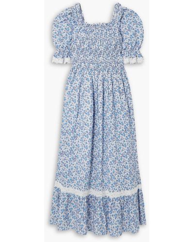 Lug Von Siga Elisa Smocked Floral-print Cotton And Linen-blend Midi Dress - Blue