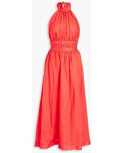 Zimmermann Shelly Pleated Linen-canvas Halterneck Midi Dress - Red
