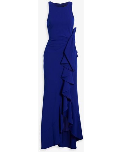Badgley Mischka Bow-embellished Ruffled Crepe Gown - Blue