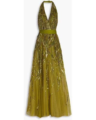 Elie Saab Embellished Tulle Halterneck Gown - Green