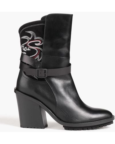 Sacai Embroidered Suede And Leather Ankle Boots - Black