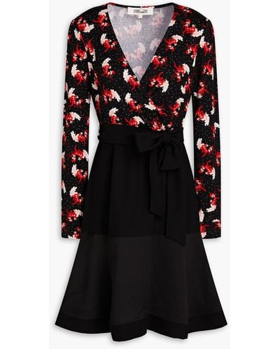 Diane von Furstenberg Adelia Printed Crepe-paneled Silk And Cotton-blend Jersey Mini Dress - Black
