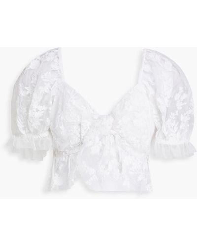 LoveShackFancy Soleil Cropped Embroidered Tulle Top - White