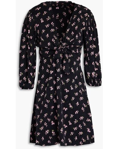 Maje Knotted Floral-print Cupro-blend Jacquard Mini Dress - Black