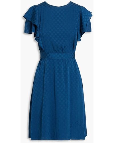 DKNY Ruffled Crinkled Satin-jacquard Mini Dress - Blue