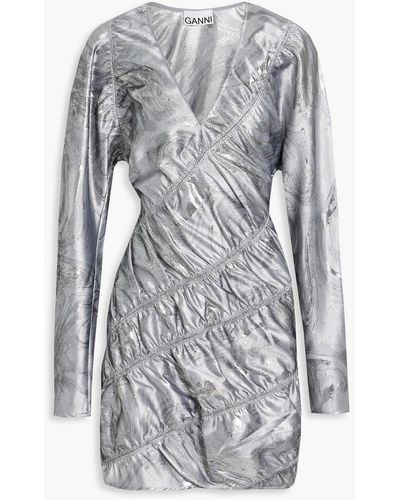 Ganni Asymmetric Shirred Jacquard Mini Dress - Grey
