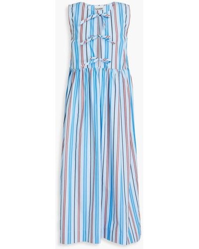 Ganni Strapless Bow-detailed Striped Cotton-poplin Midi Dress - Blue