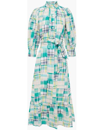 Antik Batik Alama Belted Checked Cotton-voile Midi Dress - Blue