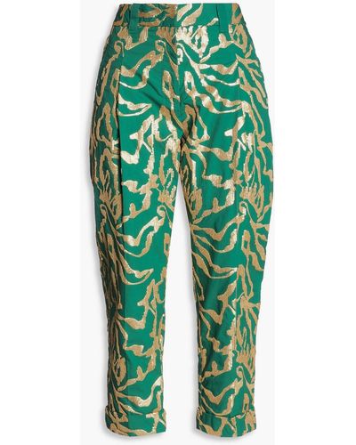 3.1 Phillip Lim Cropped Pleated Embellished Cotton Tapered Trousers - Green