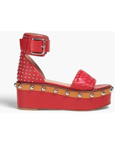 Red(V) Studded Leather Platform Sandals - Red