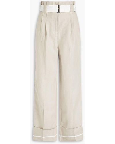 Ganni Belted Pleated Linen Wide-leg Pants - White
