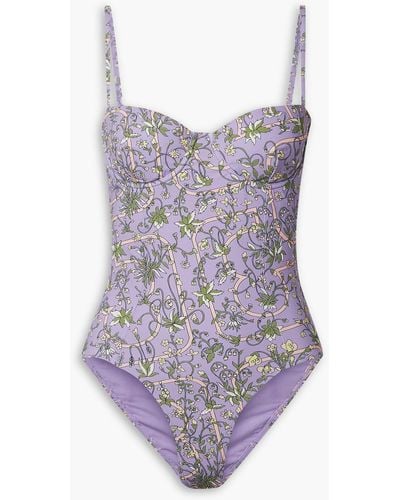Tory Burch Floral-print Underwired Swimsuit - Purple