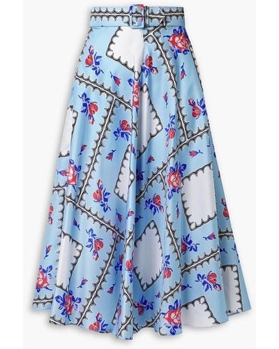 Rodarte Belted Printed Silk-twill Midi Skirt - Blue