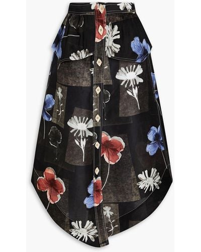 Ganni Floral-print Linen And Silk-blend Shantung Midi Skirt - Black