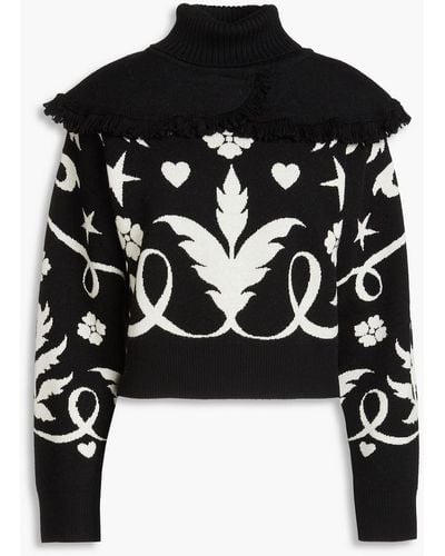 Hayley Menzies Fringed Wool-jacquard Turtleneck Sweater - Black