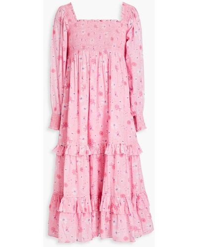 LoveShackFancy Miri Smocked Floral-print Cotton-gauze Midi Dress - Pink