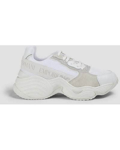 Emporio Armani Glittered Suede And Neoprene Sneakers - White
