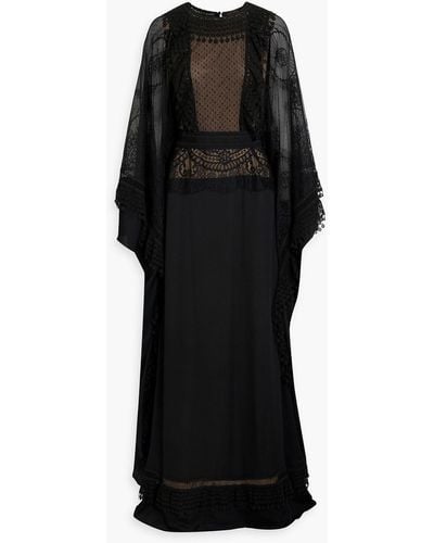 Zuhair Murad Cape-effect Silk-chiffon, Point D'esprit And Chantilly Lace Gown - Black