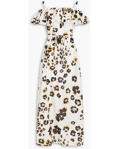 Boutique Moschino Cold-shoulder Leopard-print Cotton And Silk-blend Voile Maxi Dress - White