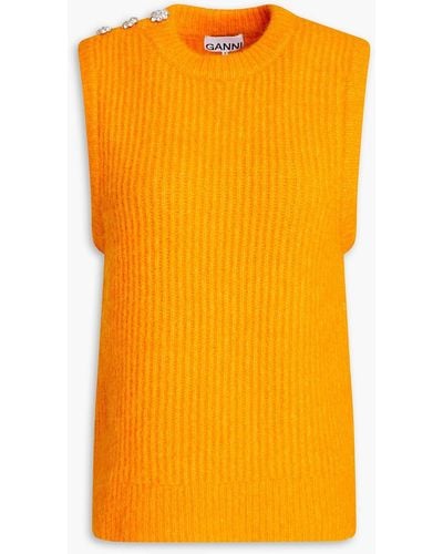 Ganni Embellished Ribbed Wool-blend Vest - Orange