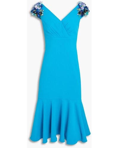 Badgley Mischka Fluted Floral-appliquéd Crepe Dress - Blue