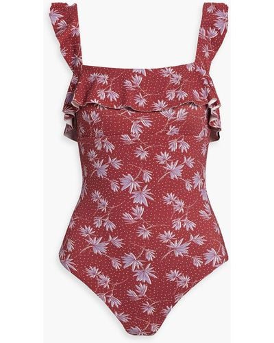 Eberjey Jace Ruffled Printed Stretch-piquè Swimsuit - Red