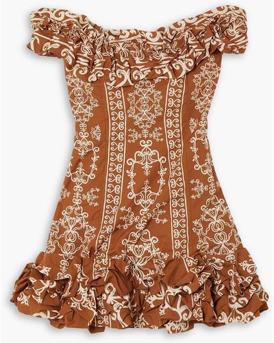 Agua Bendita Jardín Calados Off-the-shoulder Floral-print Cotton-poplin Mini Dress - Brown