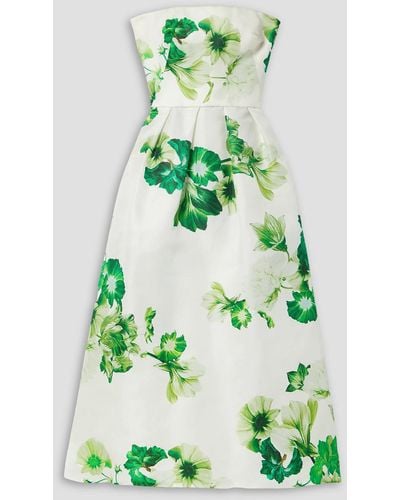 Monique Lhuillier Strapless Pleated Floral-print Silk-piqué Midi Dress - Green