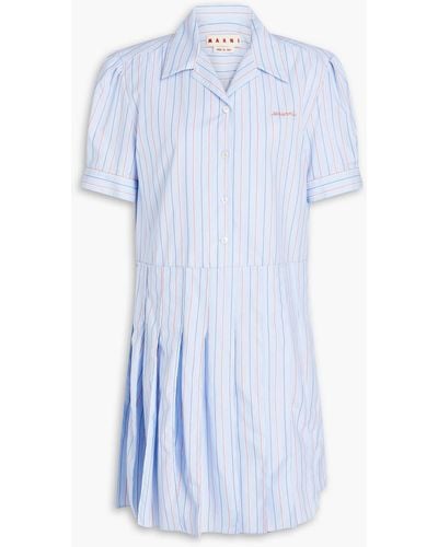 Marni Pleated Striped Cotton-poplin Mini Shirt Dress - Blue