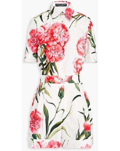 Dolce & Gabbana Pleated Floral-print Cotton-poplin Playsuit - Red