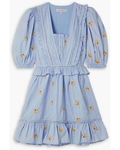 Lug Von Siga Flora Ruffled Embroidered Cotton Mini Dress - Blue