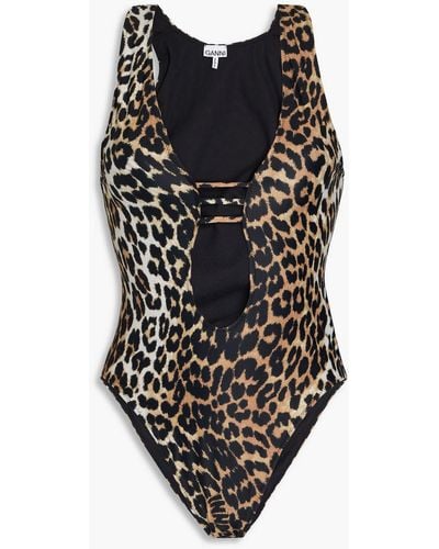 Ganni Cutout Leopard-print Swimsuit - Black