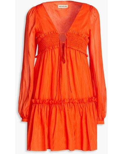 Nicholas Brynn Shirred Cotton And Silk-blend Voile Mini Dress - Orange