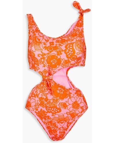 Sandro Auriane Cutout Printed Terry Swimsuit - Orange