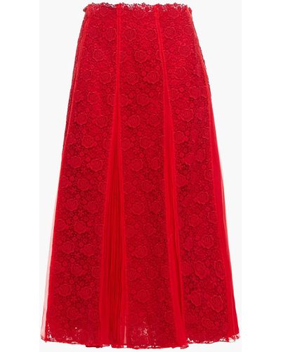 Valentino Garavani Pleated Silk-chiffon And Guipure Lace Midi Skirt - Red