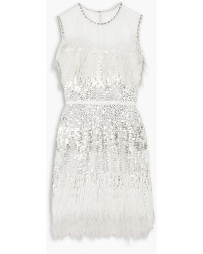 Jenny Packham Hula Feather-trimmed Embellished Tulle Mini Dress - White