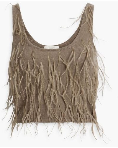LAPOINTE Cropped Feather-trimmed Cashmere And Silk-blend Top - Brown
